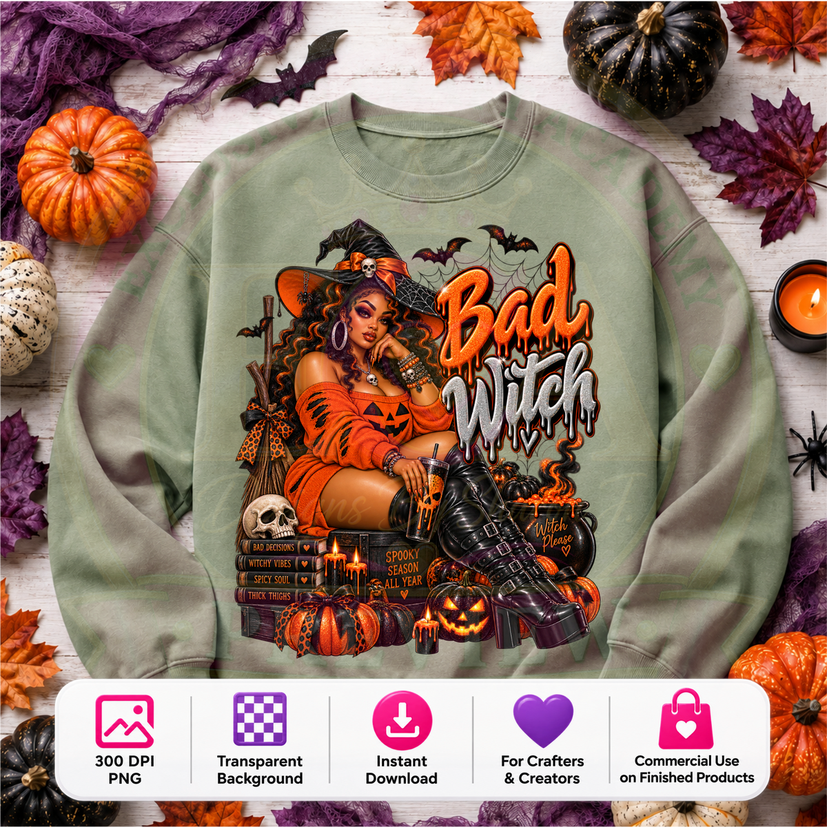 Bad Witch Halloween PNG Digital Download | Sassy Gothic Witch Sublimation DTF Design