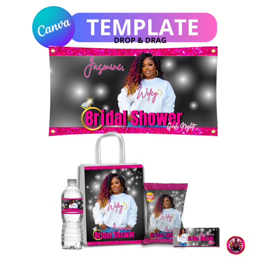 bridal shower template, bachelorette party printables, editable Canva bridal decor, bridal shower banner, pink glam party decor, digital party favor labels, DIY bridal shower decorations, printable event decor, bridal party printables, wedding event supplies, Canva wedding template, personalized bridal shower theme