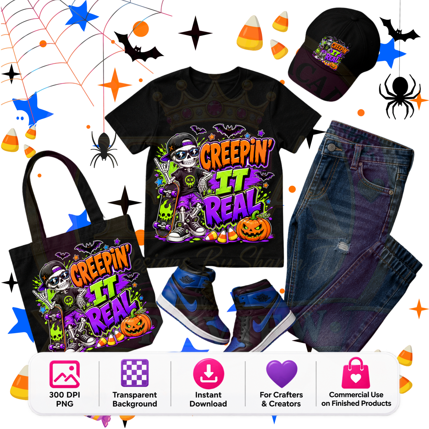 Creepin’ It Real Halloween PNG Digital Download | Skater Skeleton Sublimation DTF Design