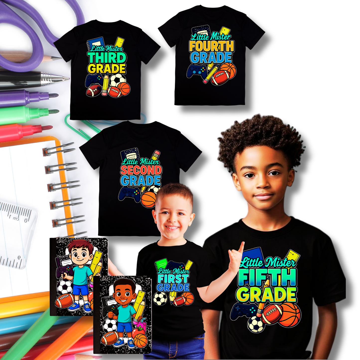 back to school boys shirt design, Little Mister sublimation PNG, boys first grade t-shirt design, DTF school shirt design, sports school design PNG, back to school boy clipart, first day of school sublimation bundle, school-ready boy design, game controller football basketball sublimation, school grade PNG printable