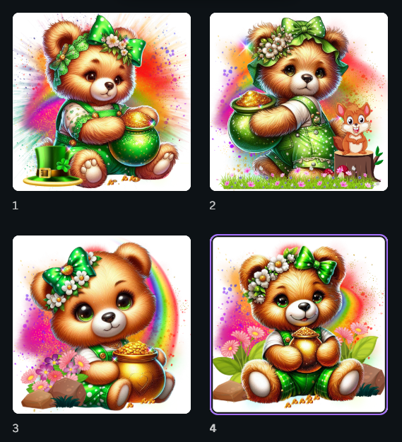 St. Patrick’s Day teddy bear PNG bundle featuring four adorable bears in green outfits holding pots of gold with shamrocks, rainbows, and festive accents. High-quality sublimation design for crafts and print-on-demand projects.