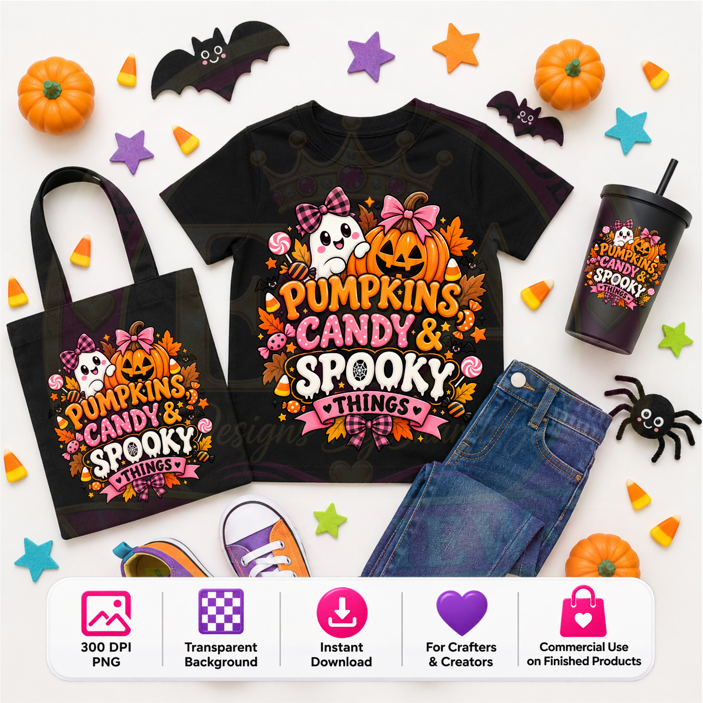 Pumpkins Candy & Spooky Things Halloween PNG Digital Download | Cute Ghost Sublimation DTF Design