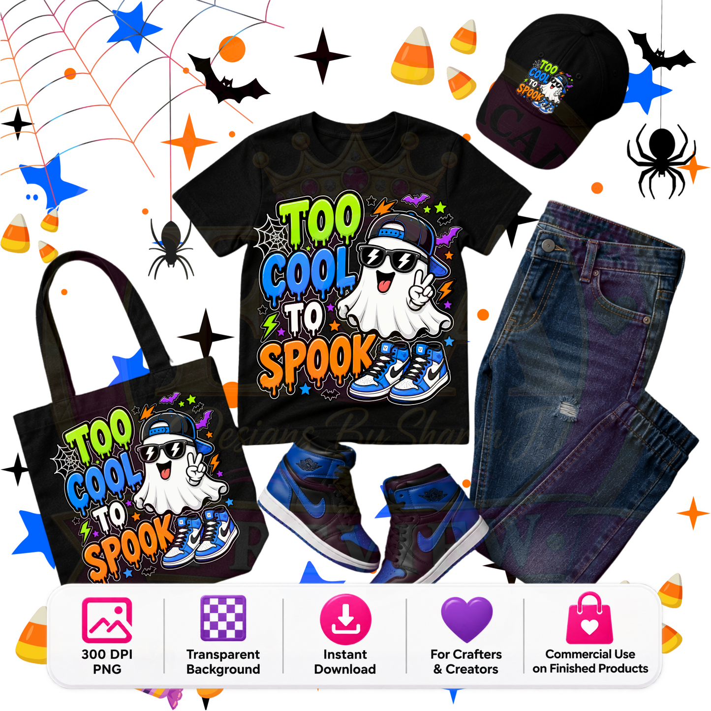 Too Cool to Spook Ghost Halloween PNG Digital Download | Cool Boys Sublimation DTF Design