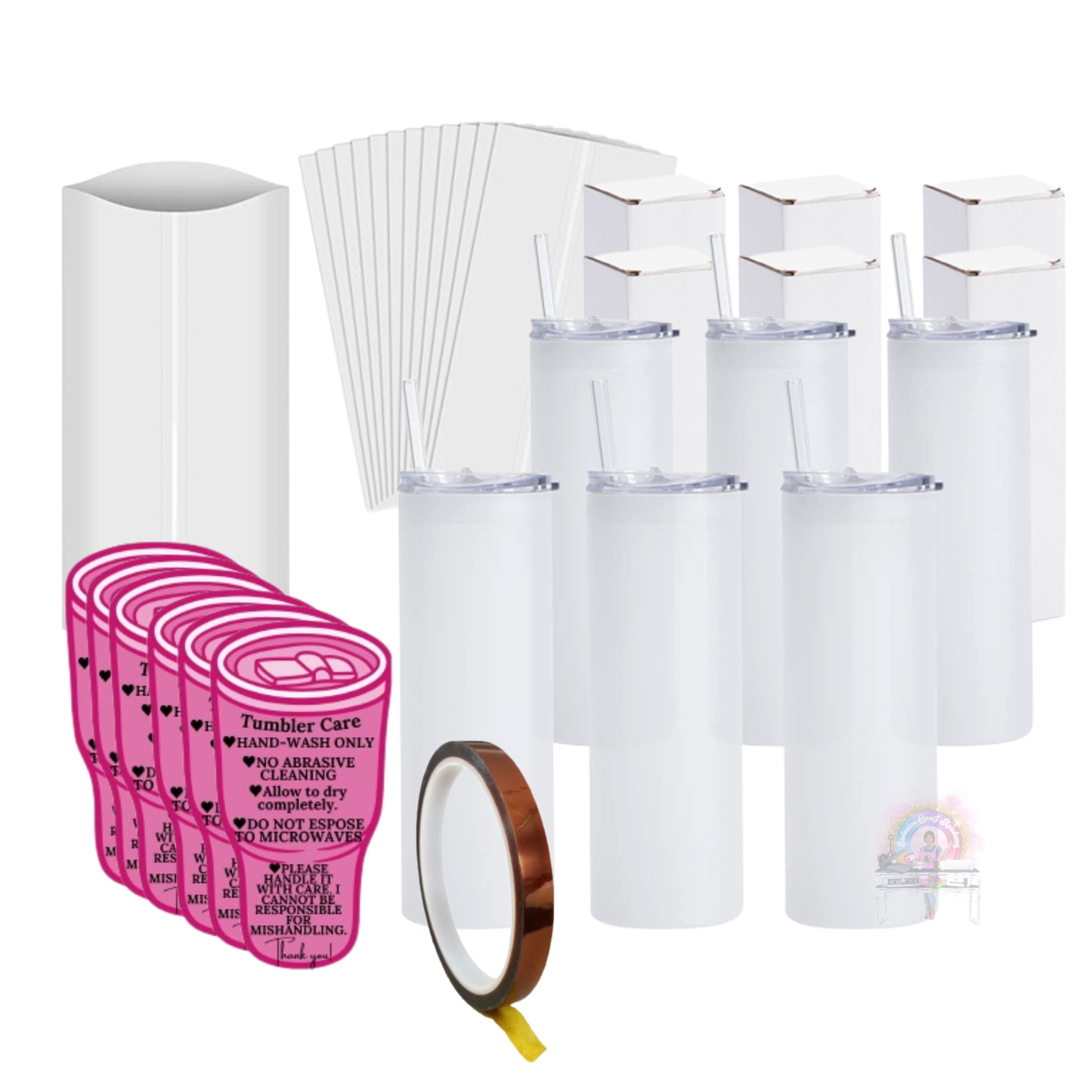 20 oz, 6 pack, 6pk, tumbler bundle, Tumbler care card, heat tape,10 20 Oz Tumblers 10 Holographic Box 10 Shrink Wrap 10 Care Cards 1 roll of tape