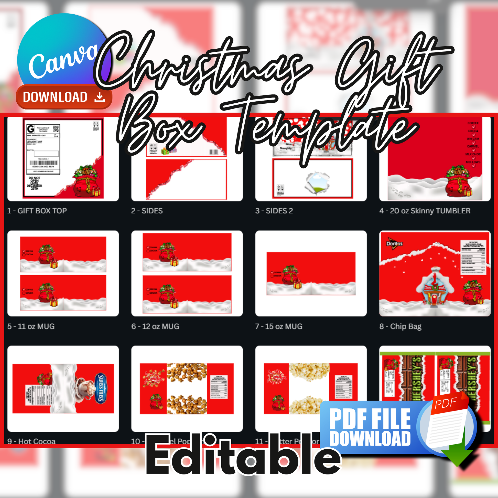  Christmas gift box template, holiday gift box design, Canva Christmas template, printable Christmas box, mug wrap, tumbler wrap, DIY Christmas gifts, editable holiday template, instant download Christmas box, digital holiday gift wrap