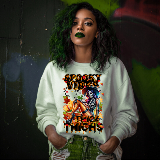 👻 Spooky Vibes & Thick Thighs – Halloween Sublimation Transfer | Sassy Skeleton Design