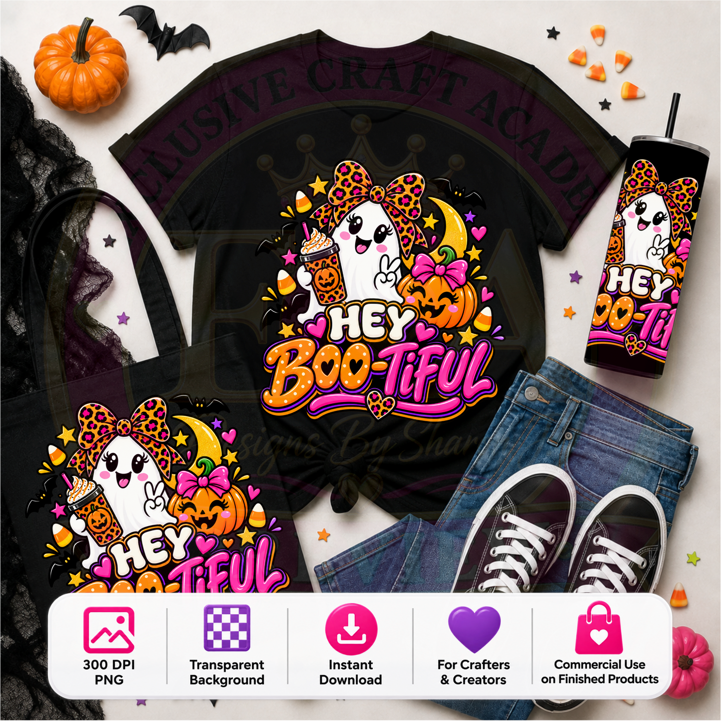 Hey Boo-Tiful Halloween PNG Digital Download | Cute Girly Ghost Sublimation DTF Design