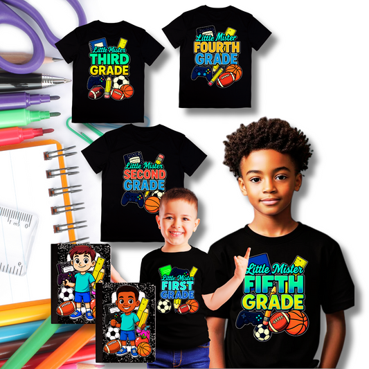 back to school boys shirt design, Little Mister sublimation PNG, boys first grade t-shirt design, DTF school shirt design, sports school design PNG, back to school boy clipart, first day of school sublimation bundle, school-ready boy design, game controller football basketball sublimation, school grade PNG printable