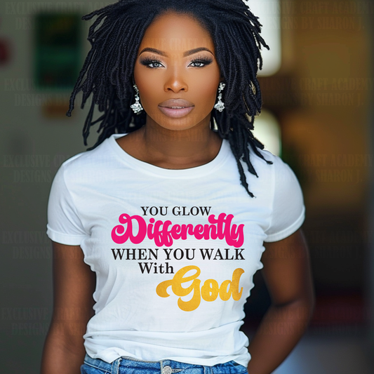 faith-based PNG design, Christian digital download, inspirational t-shirt design, walk with God PNG, Christian apparel download, glow differently design, custom faith-based apparel, DIY Christian t-shirt design, motivational PNG file