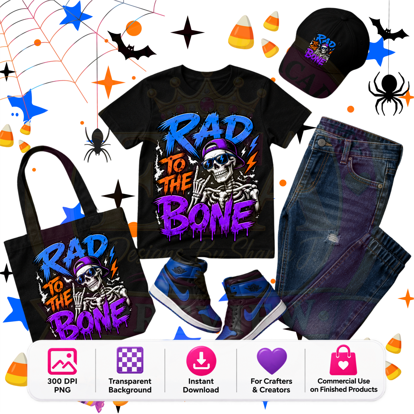 Rad to the Bone Halloween PNG Digital Download | Cool Skeleton Sublimation DTF Design