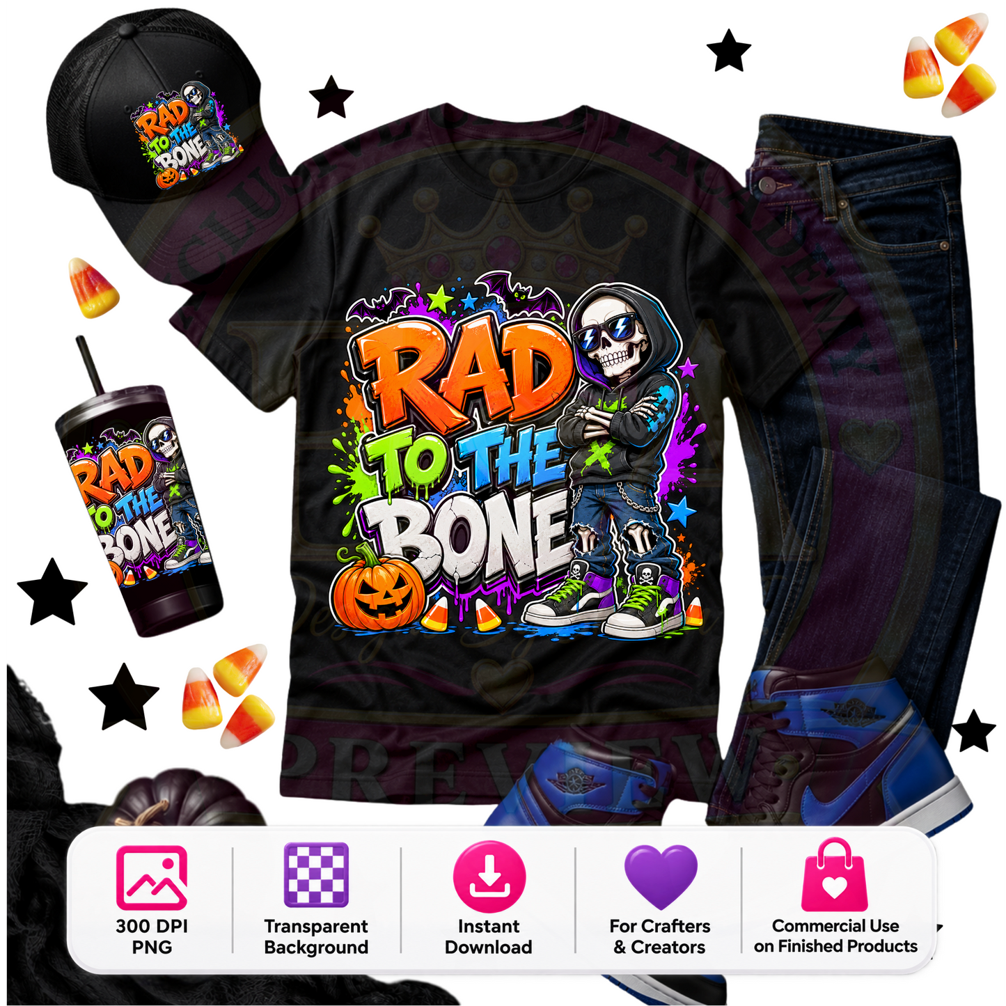 Rad to the Bone Halloween PNG Digital Download | Cool Skeleton Sublimation DTF Design