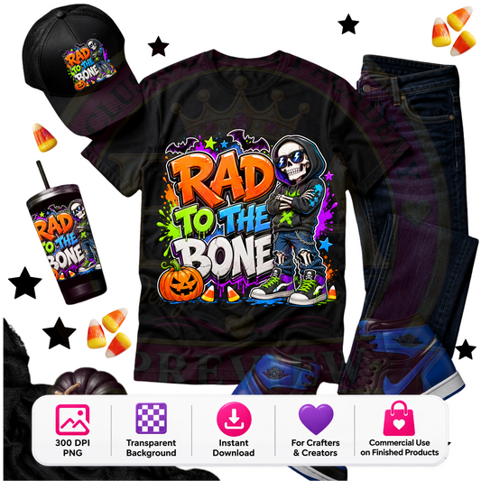 Rad to the Bone Halloween PNG Digital Download | Cool Skeleton Sublimation DTF Design