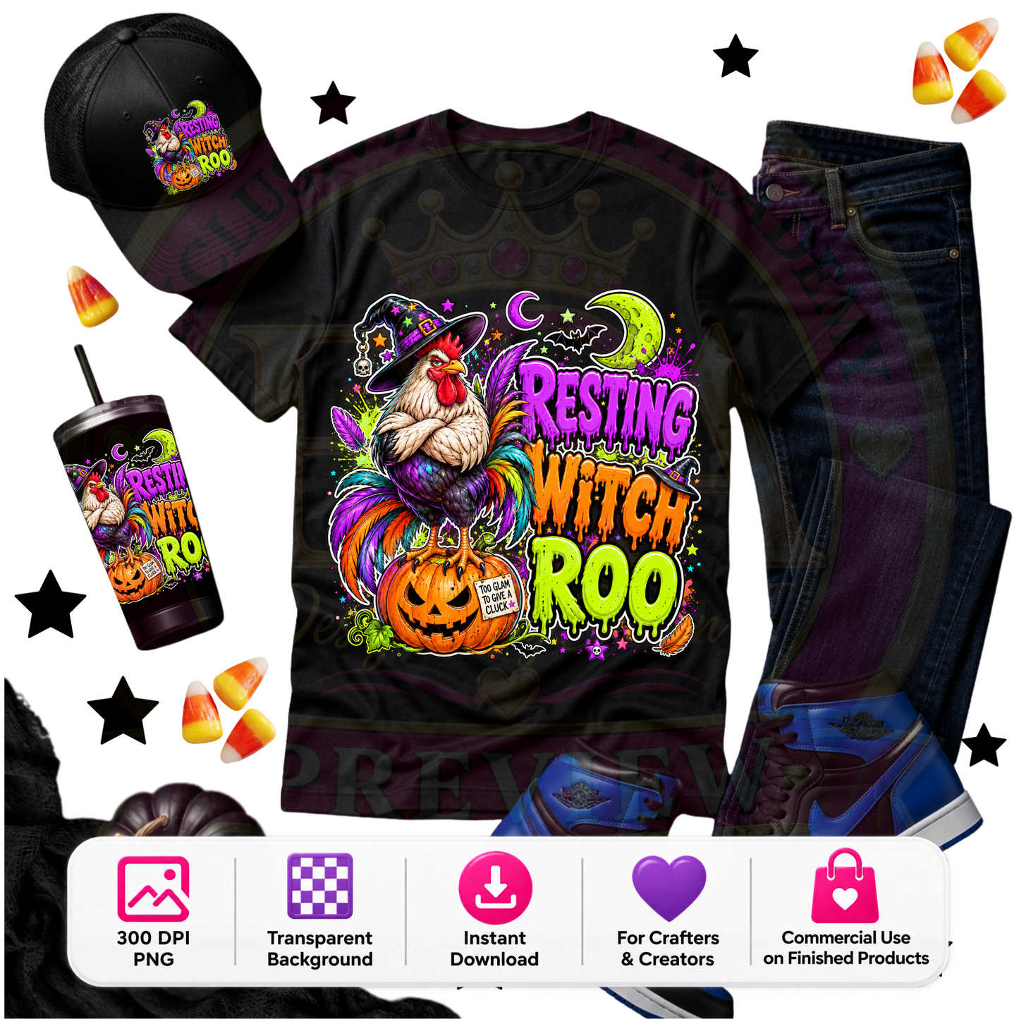 Resting Witch Roo Halloween PNG Digital Download | Witchy Rooster Sublimation DTF Design