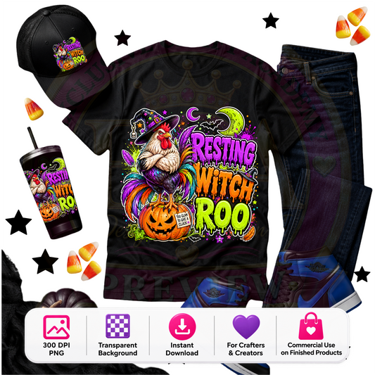 Resting Witch Roo Halloween PNG Digital Download | Witchy Rooster Sublimation DTF Design