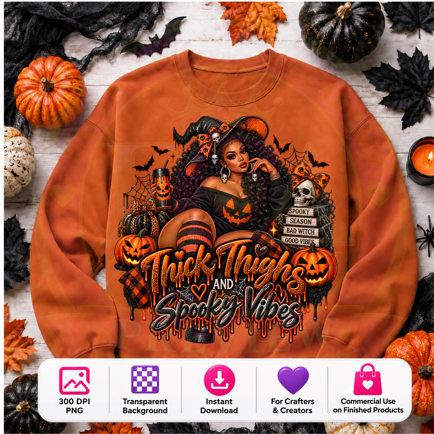 Thick Thighs & Spooky Vibes Halloween PNG Digital Download | Sassy Witch Sublimation DTF Design