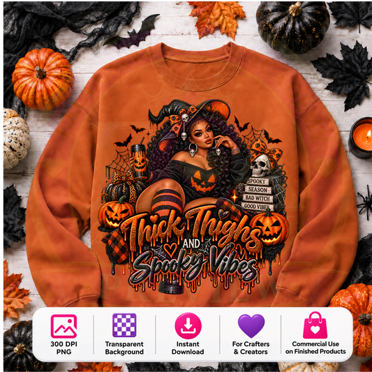 Thick Thighs & Spooky Vibes Halloween PNG Digital Download | Sassy Witch Sublimation DTF Design