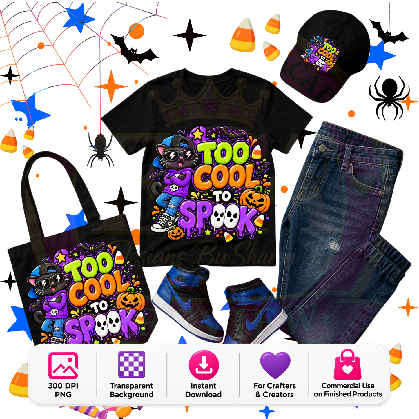 Too Cool to Spook Halloween PNG Digital Download | Cool Black Cat Sublimation DTF Design