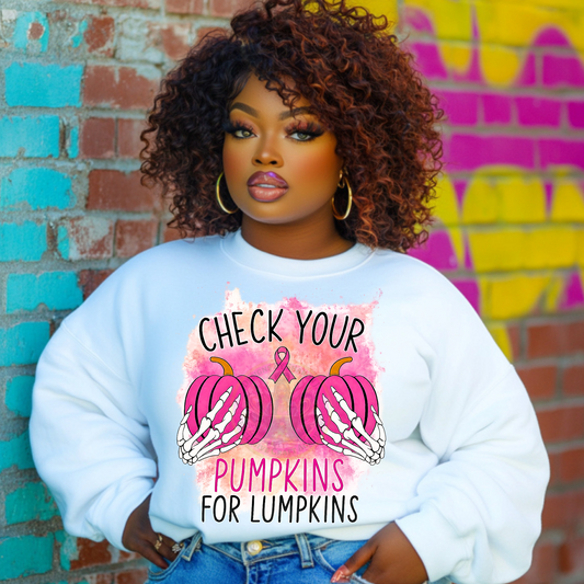 Check Your Pumpkins for Lumpkins Sublimation Transfer – Breast Cancer Awareness – Ready to Press – Pink October Design