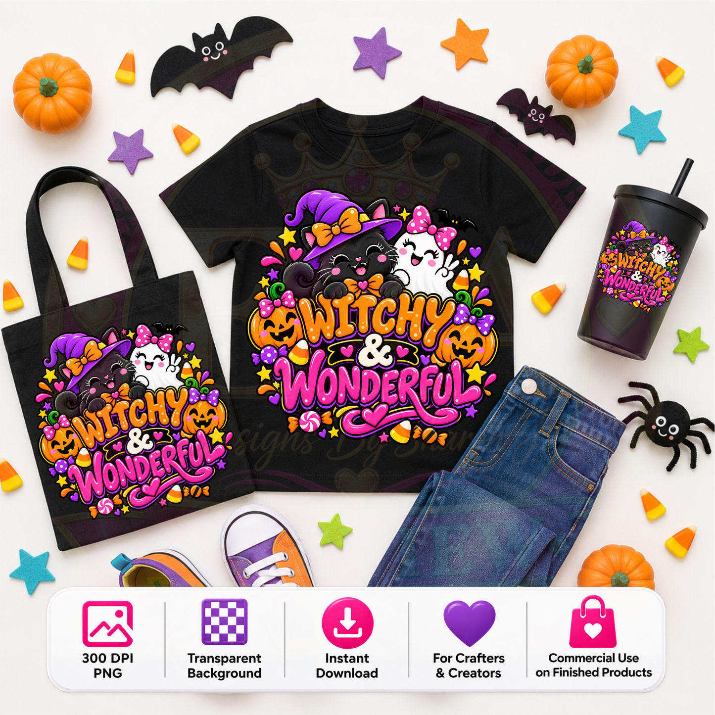 Witchy & Wonderful Halloween PNG Digital Download | Cute Black Cat Ghost Sublimation DTF Design