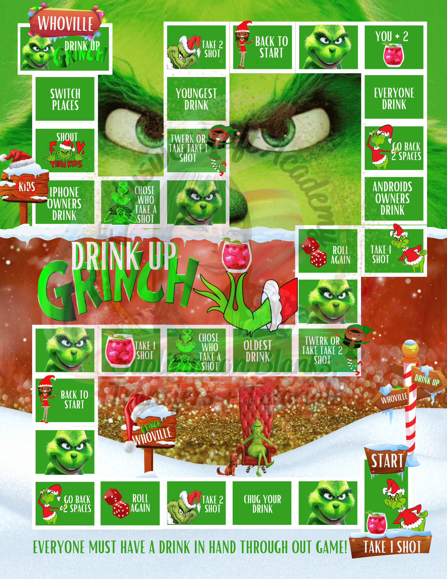 Drink up grinches blank board game, grinch board game, christmas board game