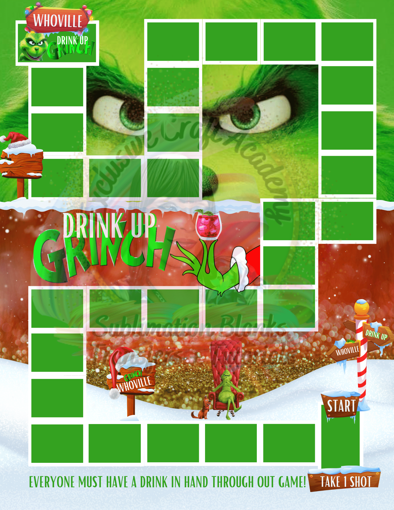 Drink up grinches blank board game, grinch board game, christmas board game