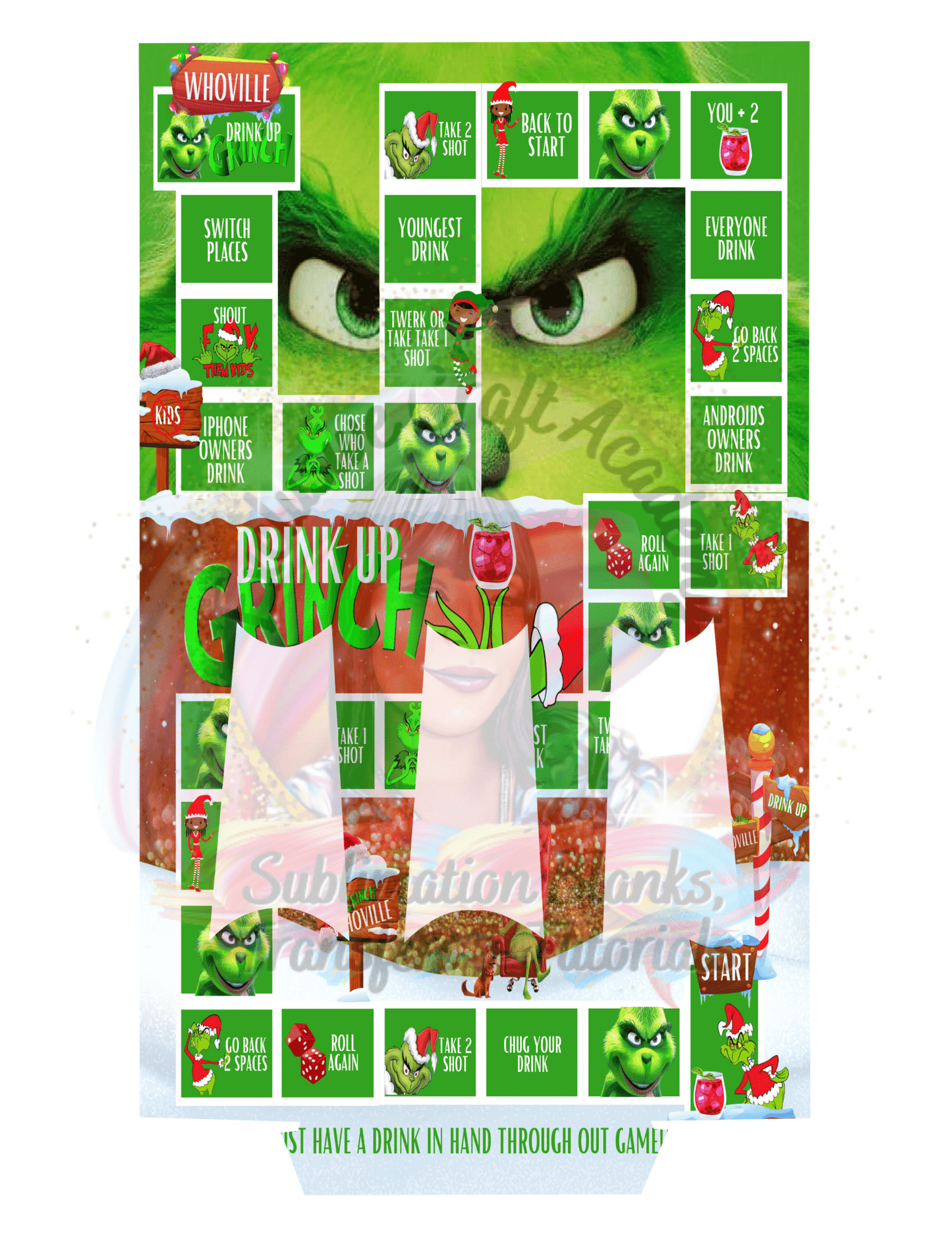 Drink up grinches blank board game, grinch board game, christmas board game, drink cover