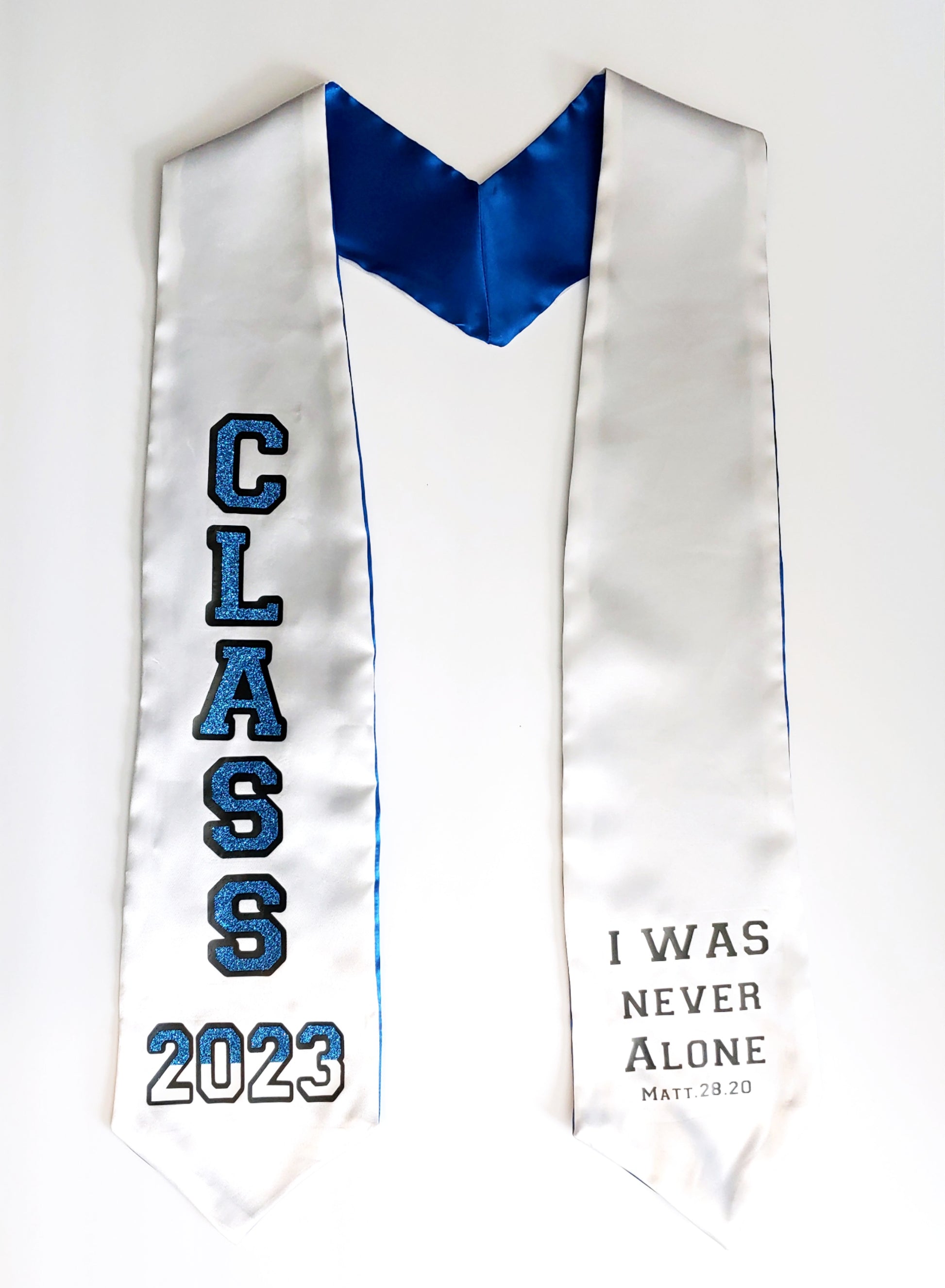 Blue and white graduation stole, 70 inch, 60 inch, grad stole